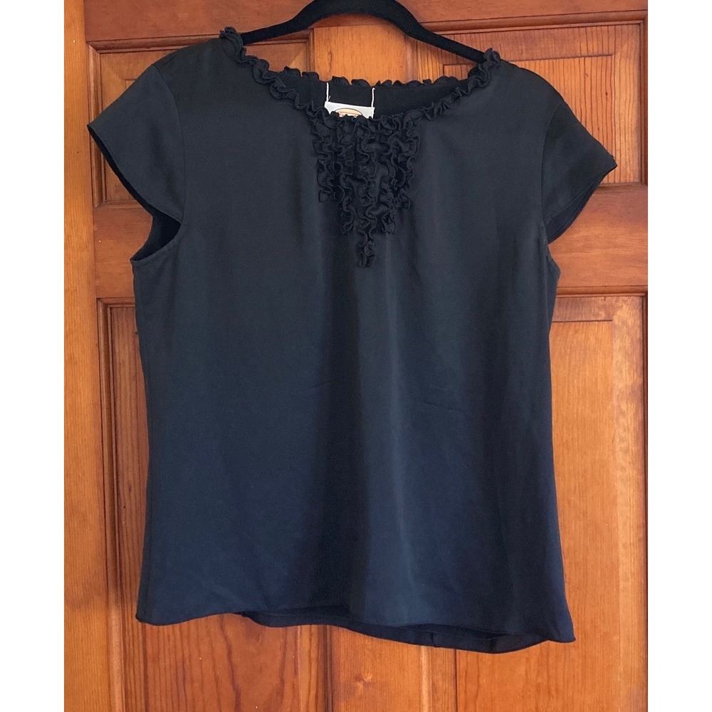 Talbots Womens 12 Black Pure Silk Ruffle Neck Cap Sleeve Blouse Classic Luxury